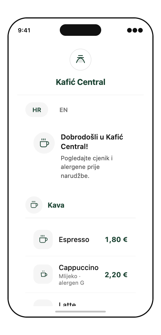 Cjenovnik kafića na mobitelu gosta s kategorijama, cijenama i alergenima
