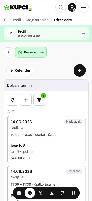 Dolazni termini u admin panelu