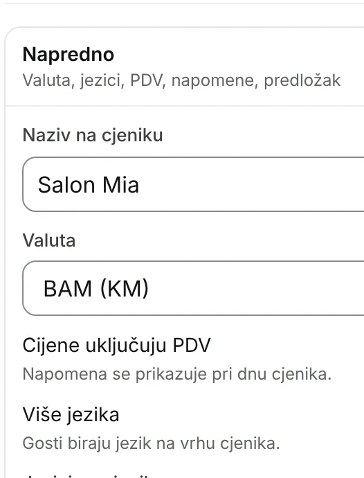 Napredno: valuta, PDV i više jezika.