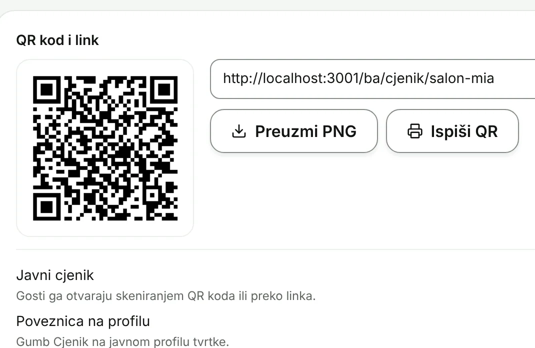 Panel Objava s gumbima Preuzmi PNG i Ispiši QR.