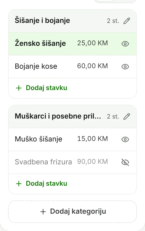 Kategorije cjenika s gumbima Dodaj stavku i Dodaj kategoriju.