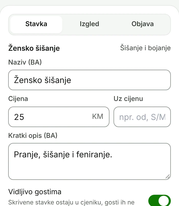Panel Stavka s nazivom i cijenom.