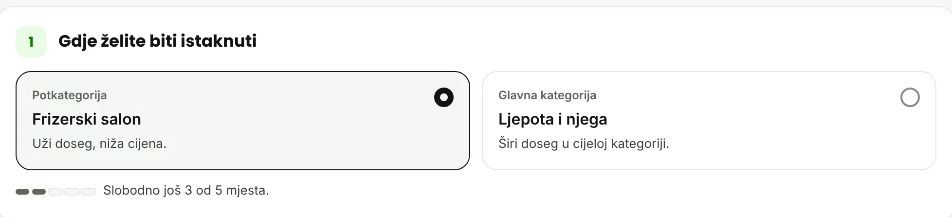 Odabir potkategorije ili glavne kategorije za istaknutu poziciju.