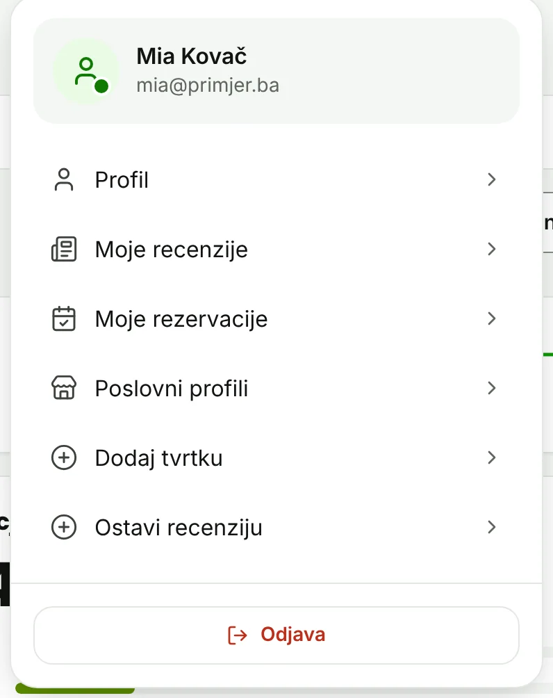 Izbornik u gornjem desnom kutu sa stavkom Poslovni profili.