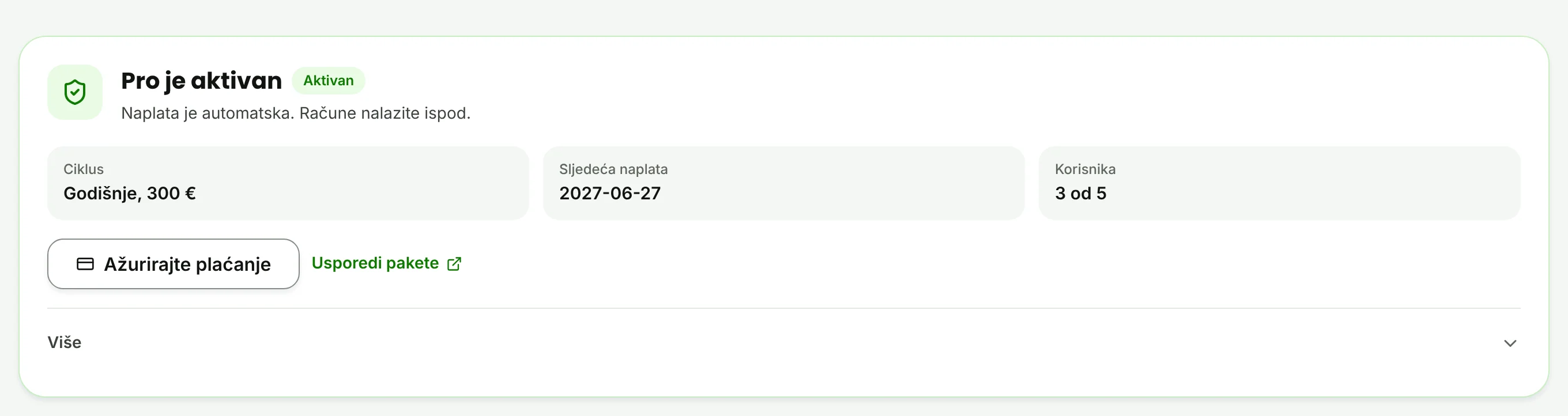 Stanje paketa Pro s gumbom Usporedi pakete.
