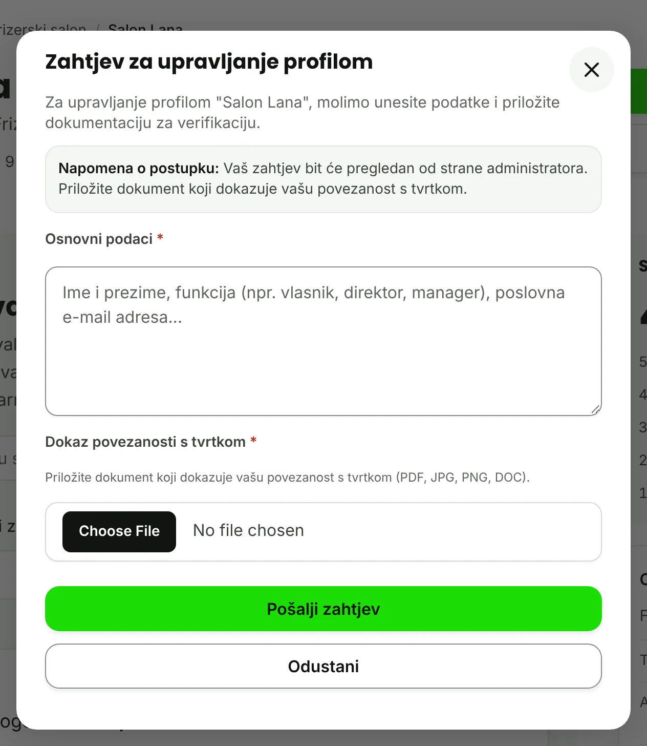 Obrazac Zahtjev za upravljanje profilom s dokazom povezanosti i gumbom Pošalji zahtjev.