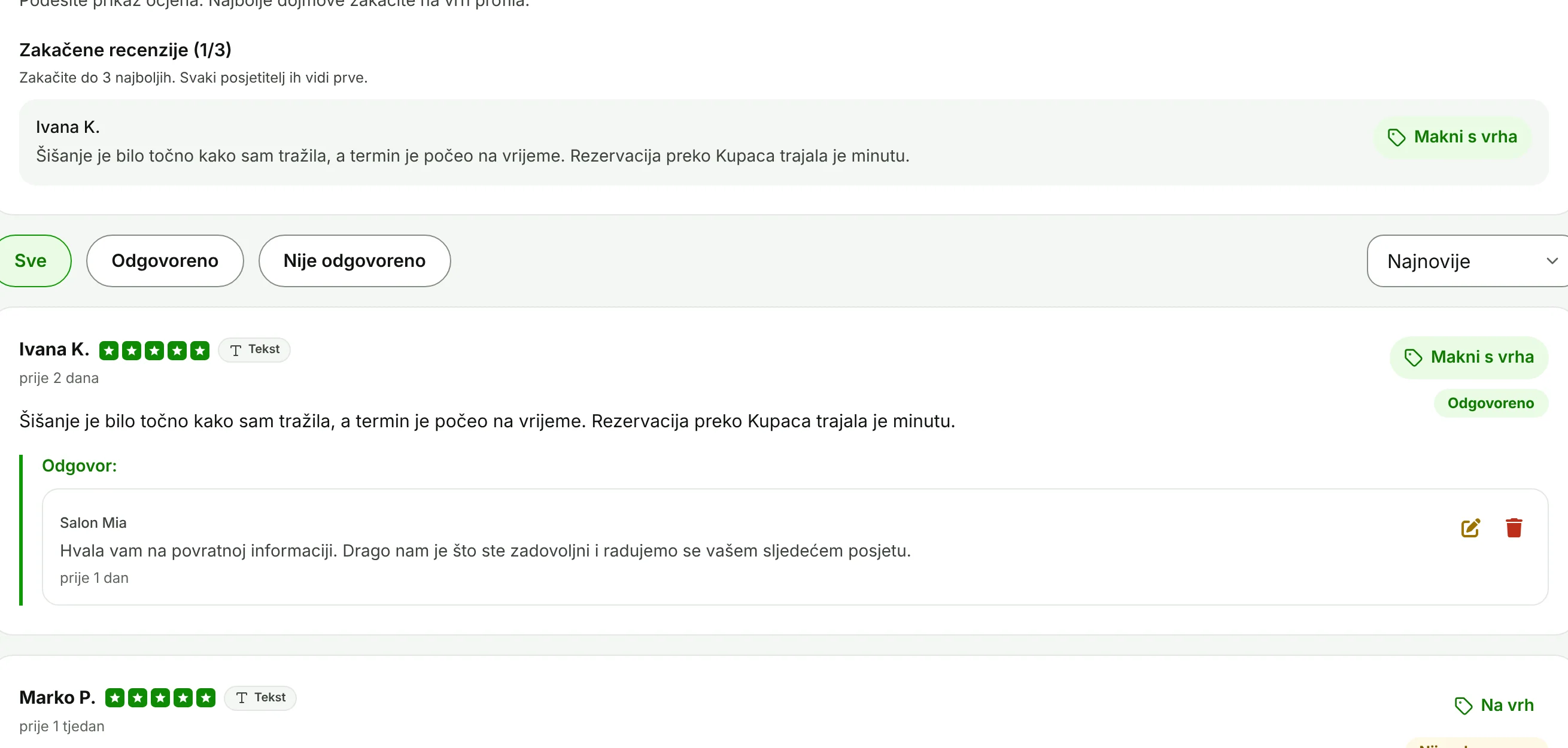 Zakačene recenzije na vrhu i gumb Na vrh uz recenziju.