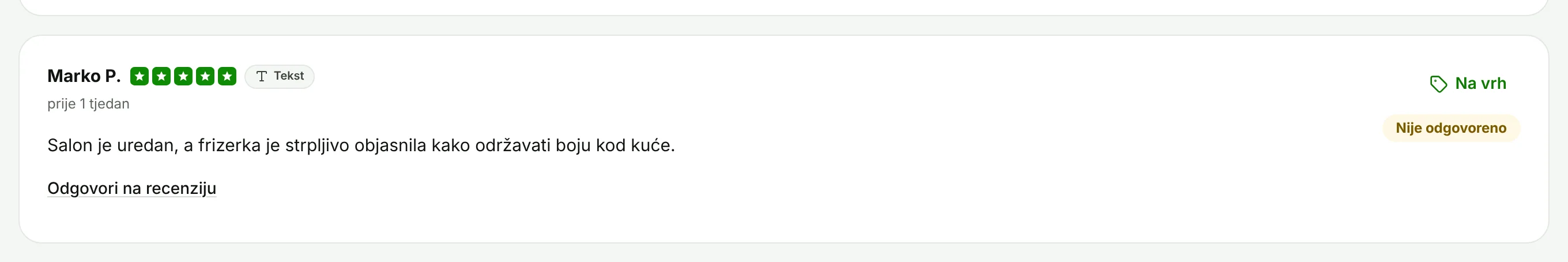 Recenzija bez odgovora s gumbom Odgovori na recenziju.