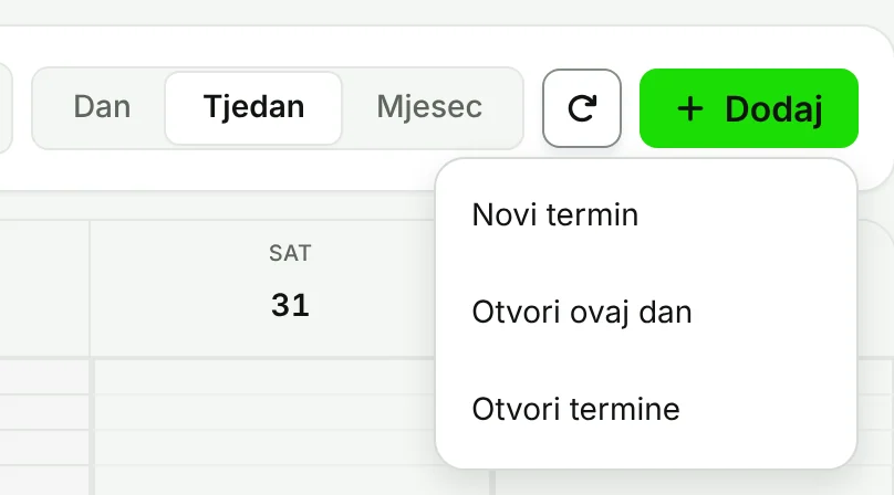 Gumb Dodaj u kalendaru s opcijama Otvori ovaj dan i Otvori termine.