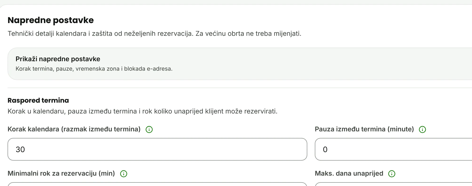 Napredne postavke s dijelom Raspored termina.
