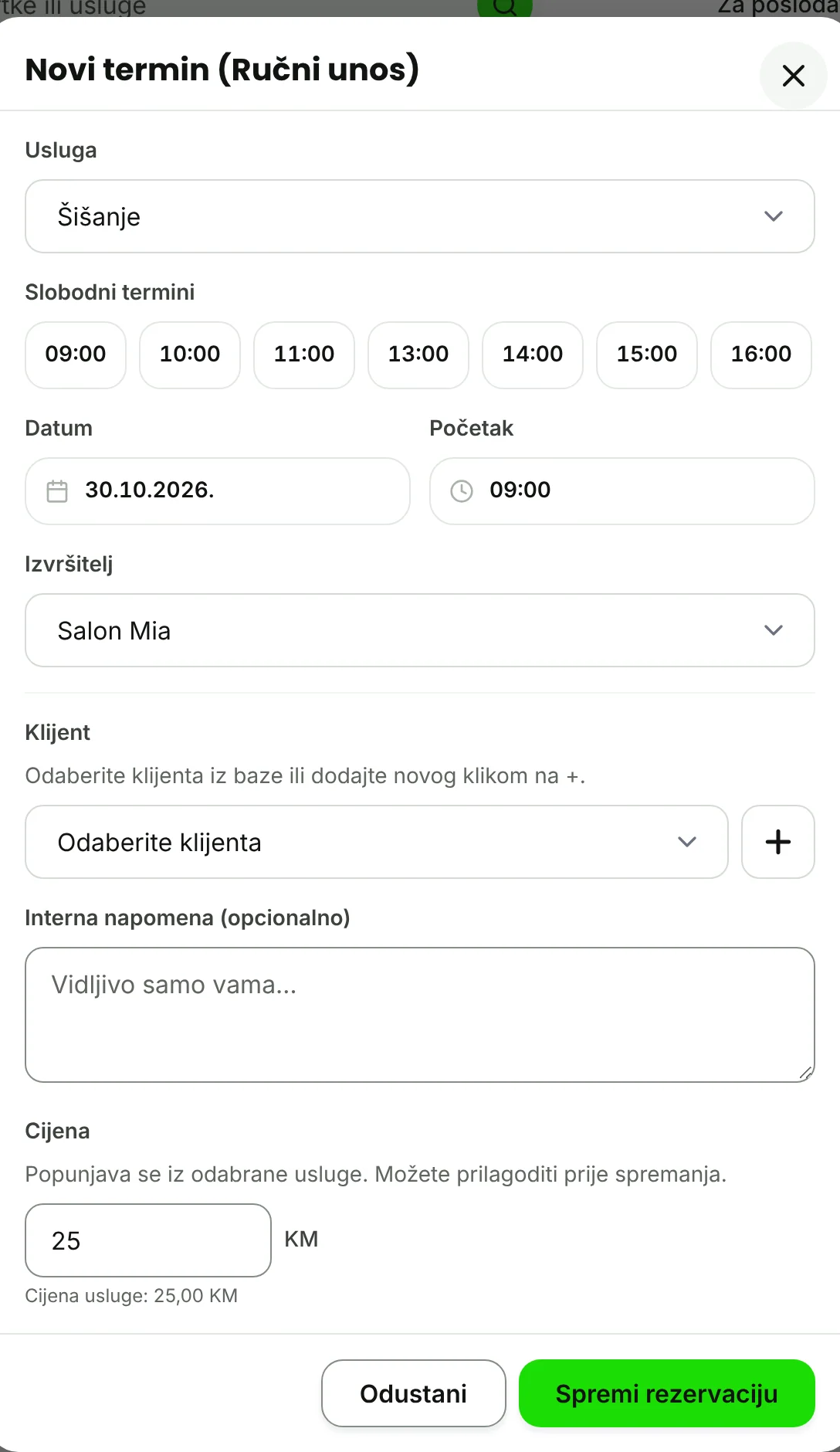 Prozor Novi termin s uslugom, slobodnim terminima, klijentom i cijenom.