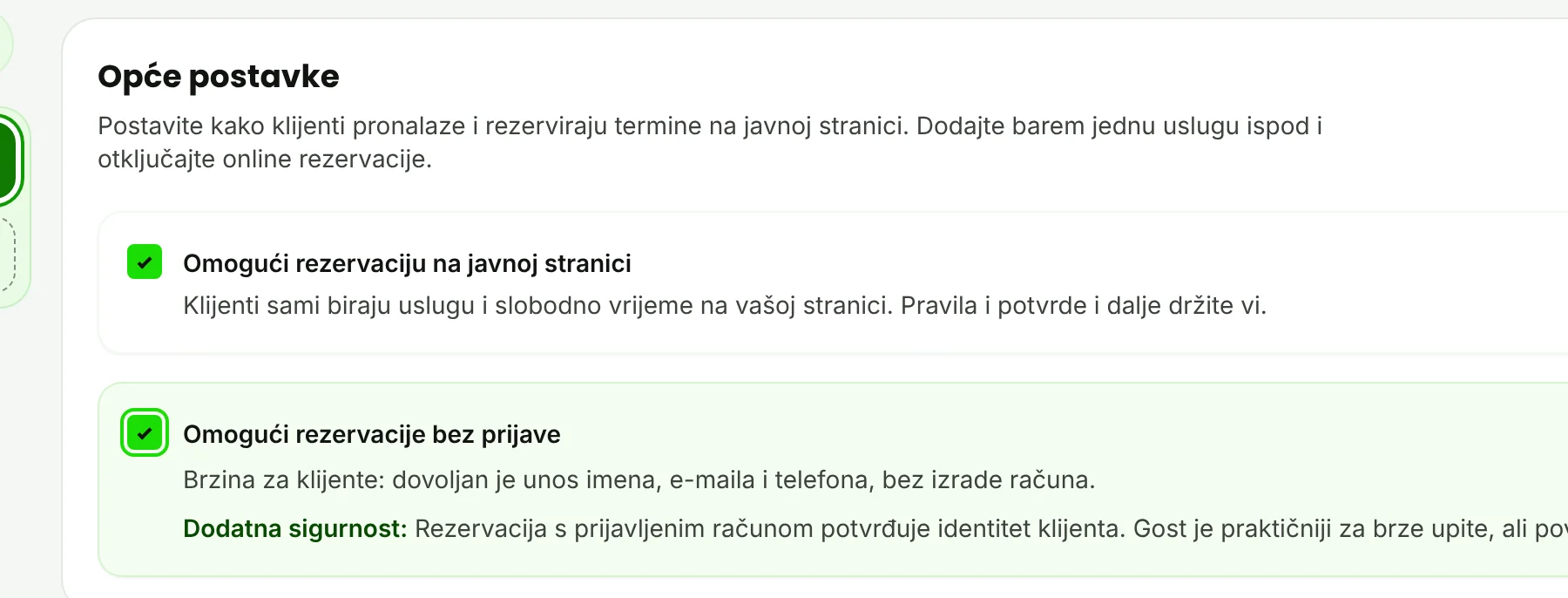 Opće postavke s obje opcije označene.