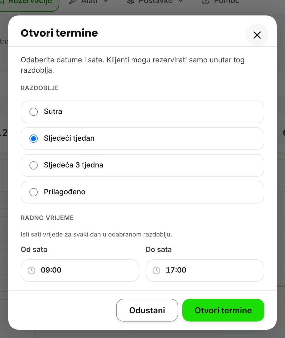 Prozor Otvori termine s razdobljem i satima.