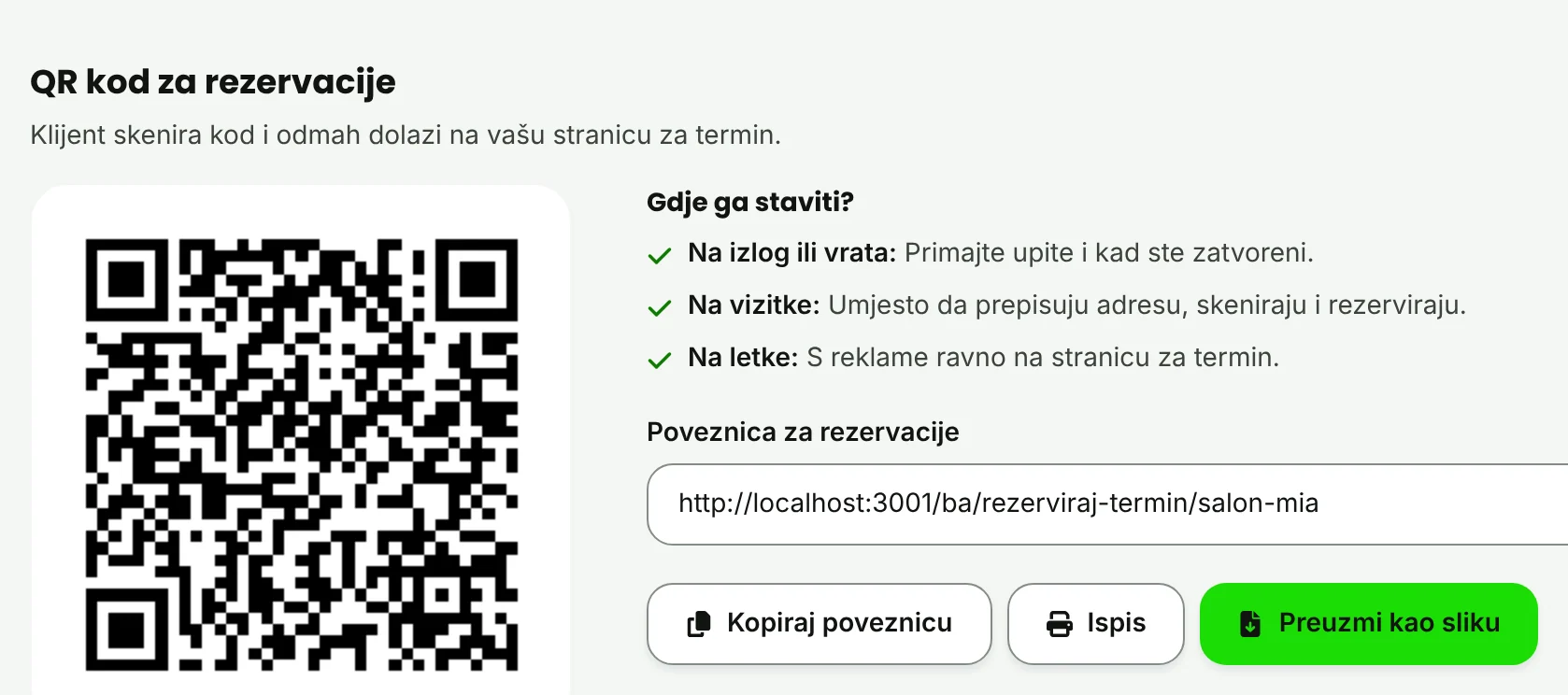 QR kod za rezervacije s gumbima Kopiraj poveznicu i Preuzmi kao sliku.