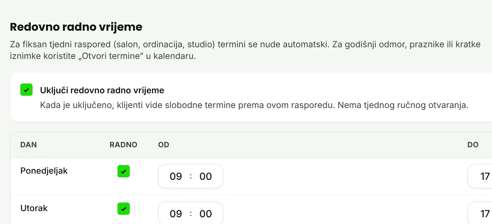 Kartica Radno vrijeme s uključenim redovnim radnim vremenom.