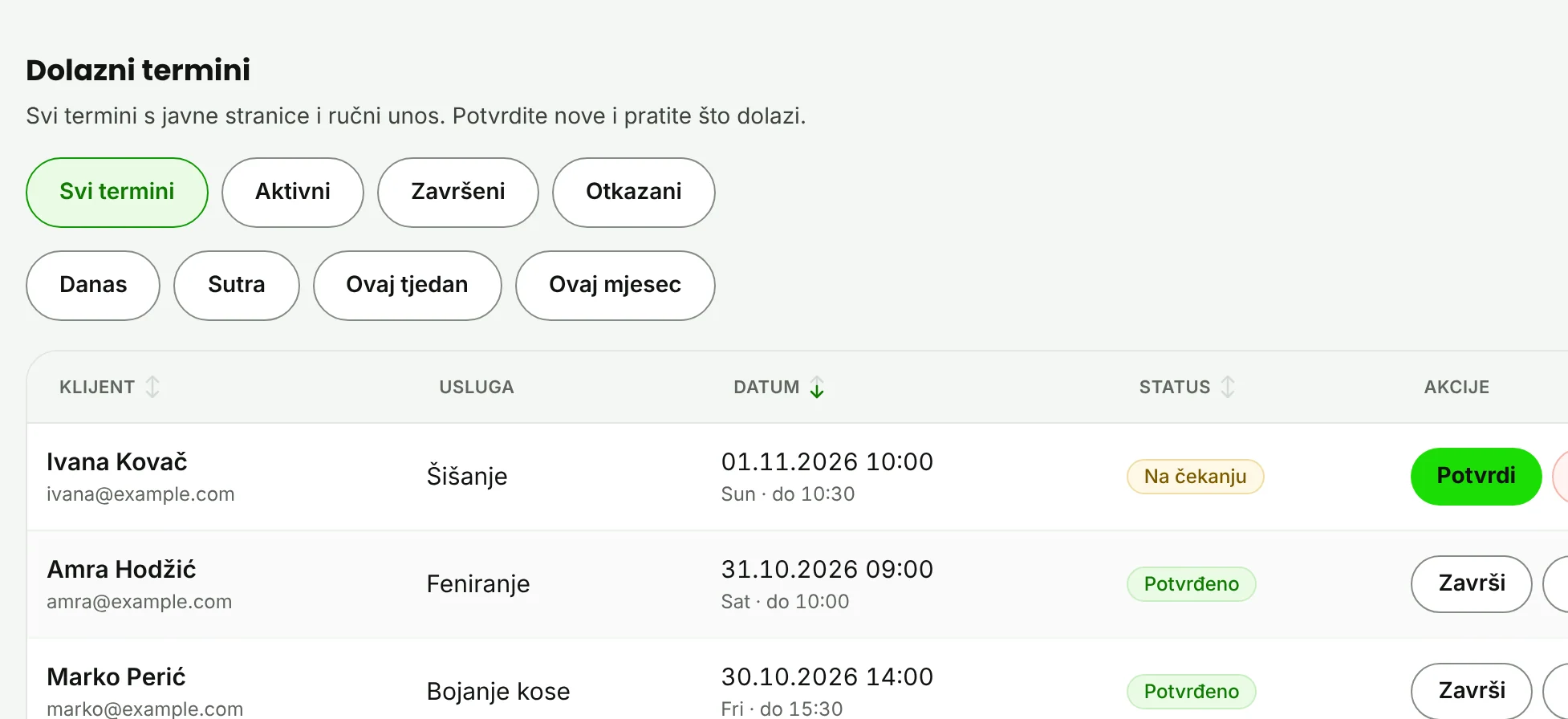 Kartica Termini s rezervacijom Na čekanju i gumbom Potvrdi.