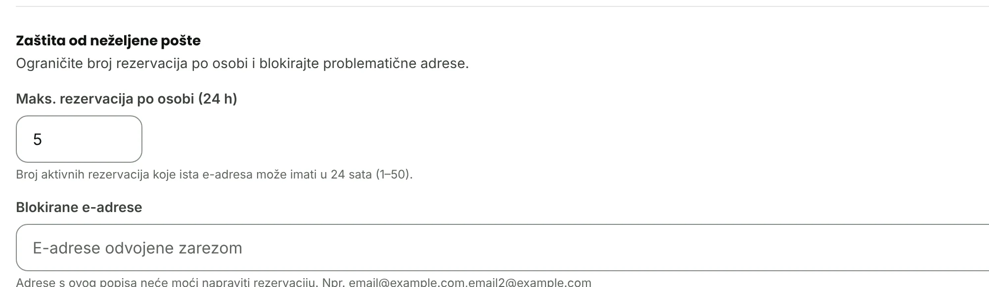 Zaštita od neželjene pošte s ograničenjem i blokiranim adresama.