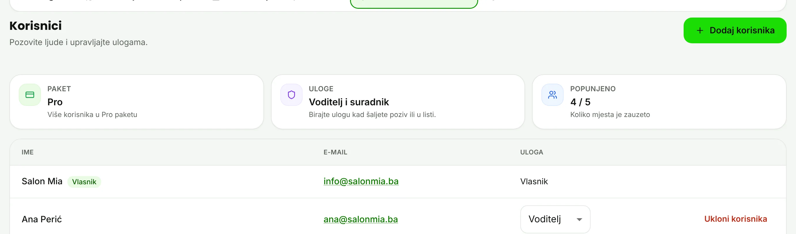 Popis korisnika i gumb Dodaj korisnika.